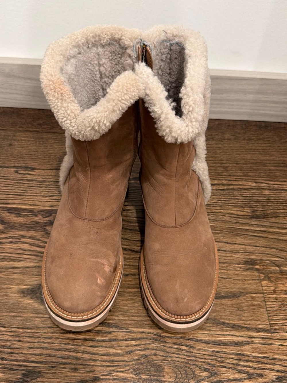 Aquatalia Tan Suede Shearling-Trim Winter Boots
